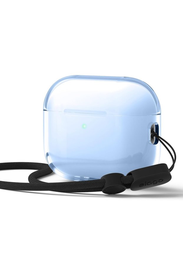 غطاء شفاف مصمم خصيصًا لسماعات AirPods Pro 3 (موديل 2025) مع حزام - لون أزرق فاتح.