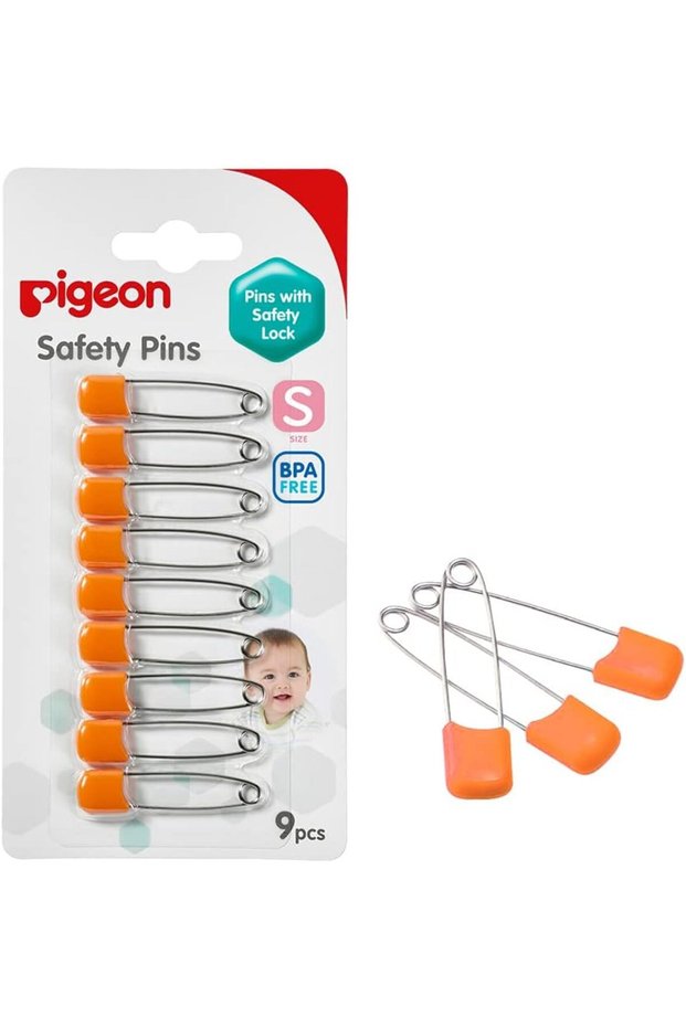 Safety Pins With Lock, Safe Secure Clips, Stainless Steel, Rounded Pin Head, Small, BPA Free, 0 Months to 3 Years, Assorted Colors - 9 Pieces
