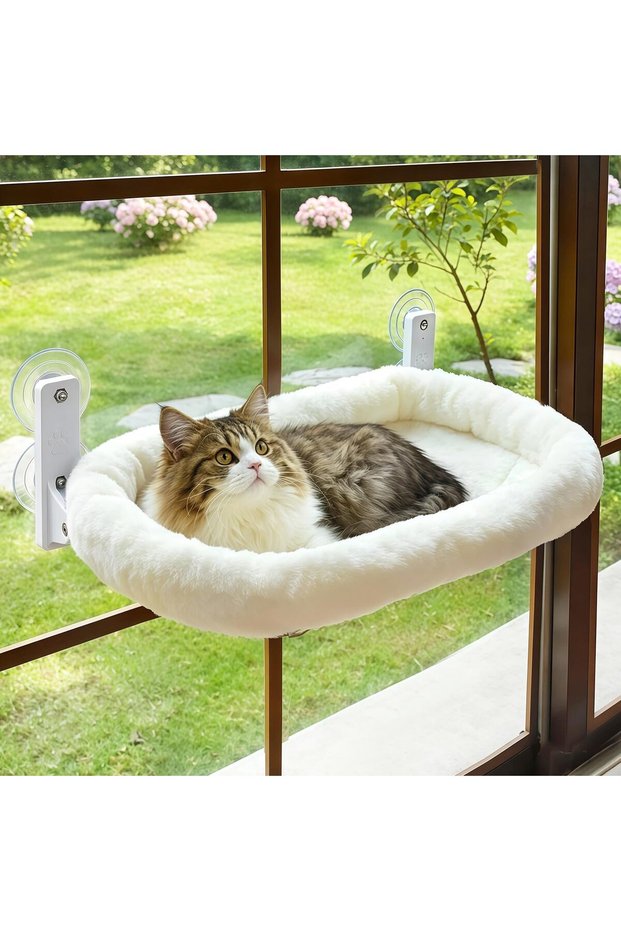 Cordless Cat Window Perch, Cat Hammock for Window with 4 Strong Suction Cups, Solid Metal Frame and
