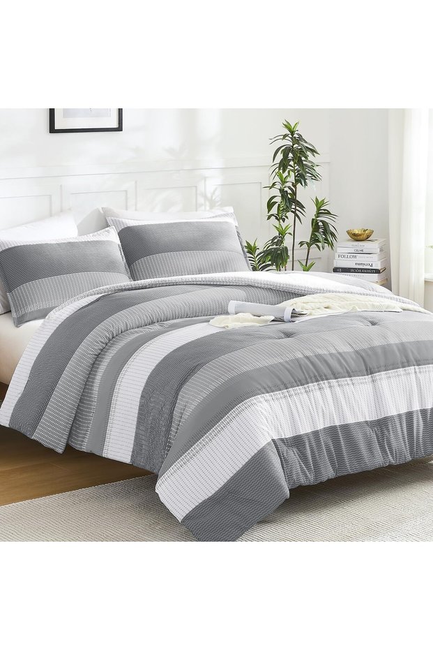 Queen Comforter Set - 3 Pieces Stripe Bedding Comforter Sets