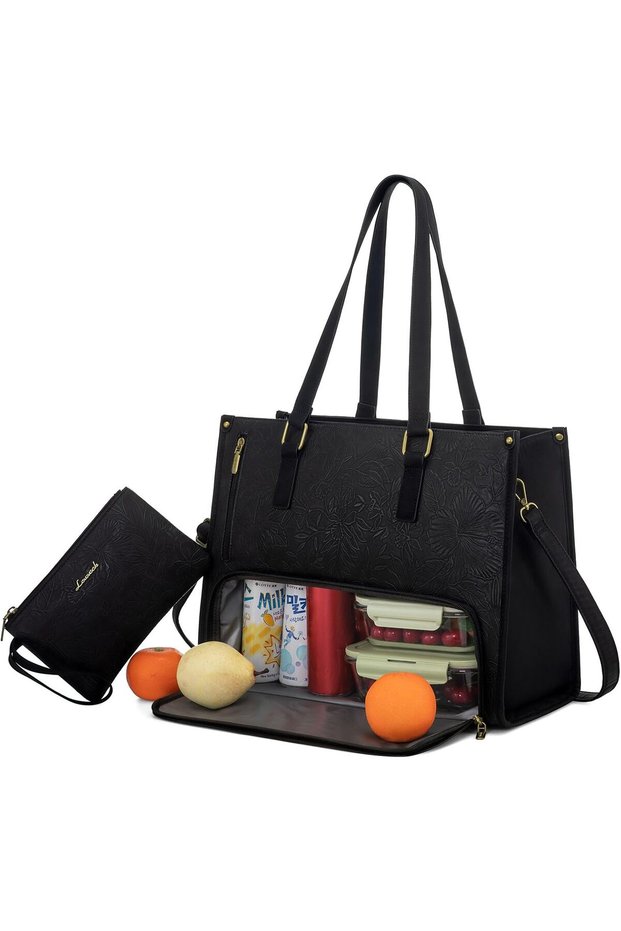 Lunch Tote Bag for Women, 17.3 Inch Laptop Bag with Insulated Lunch Compartment, Quilted Large Capacity Computer Handbag with Purse for Business, Work, Nurse, Office, Collage, Casual