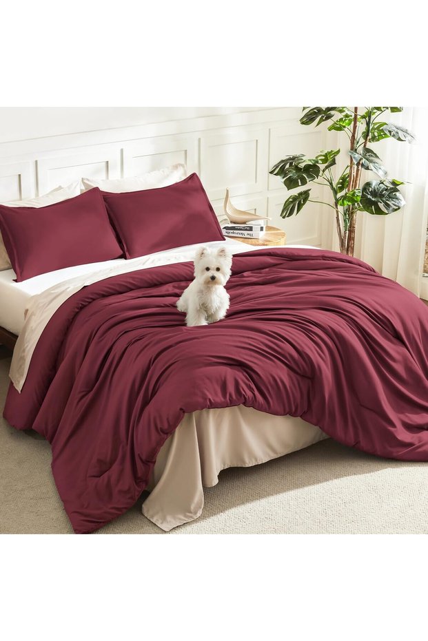 Comforter Full Size Burgundy, 3 Pieces Lightweight Solid Bed Set