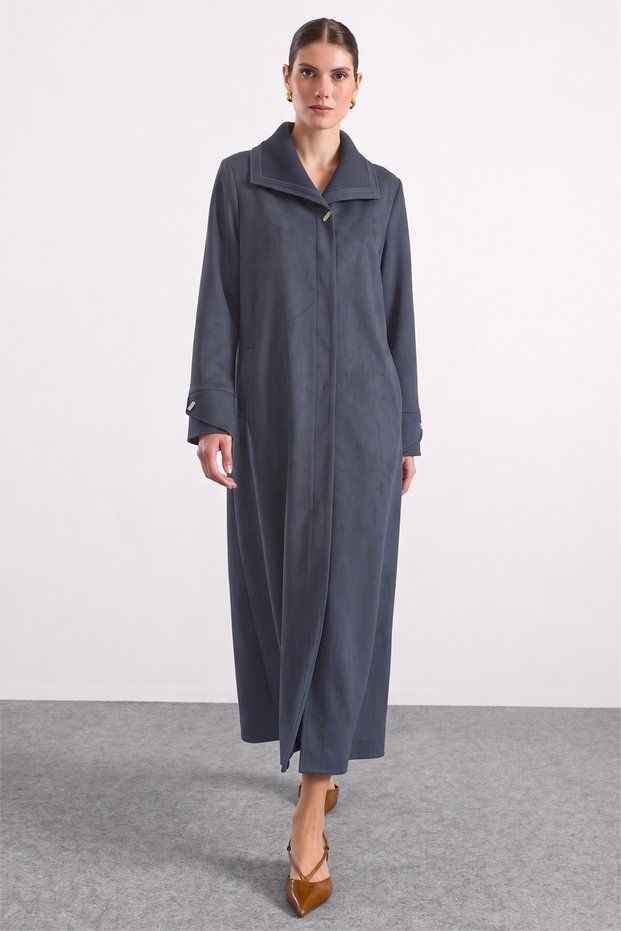 Plus-Size Suede Trench Coat with Knitted Collar Detail, NAVY 6933