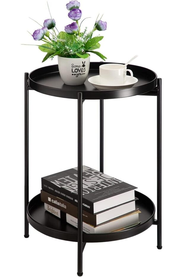 Round Side Table Gold End Table, 2-Tier Metal Tray Snack Table Coffee Table Tea Table Nightstand Sof