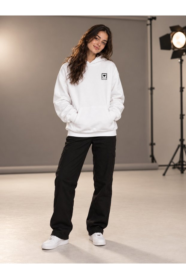 Women's White Printed Oversize Hooded Sweatshirt