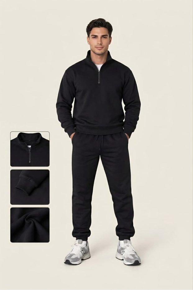 Men's Fleece-Lined Zippered Stand-Up Collar Top and Bottom Tracksuit Set, Comfortable Fit.