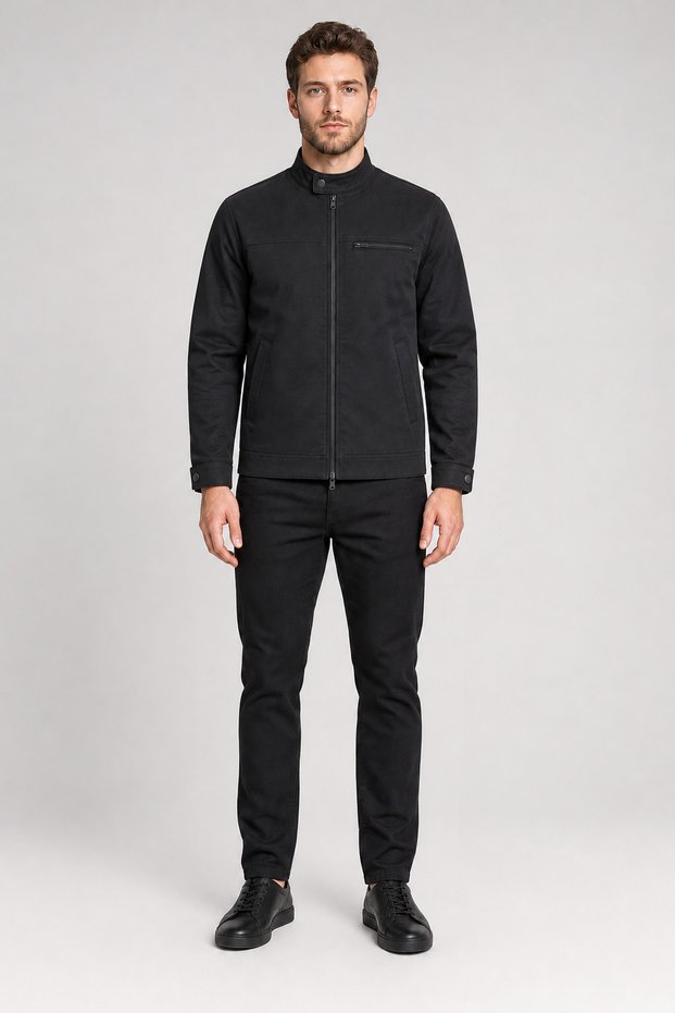 Men's Black Shirt-Shirt Collar Jacket with Zip Detail and Chest Pocket Detail, Transitional