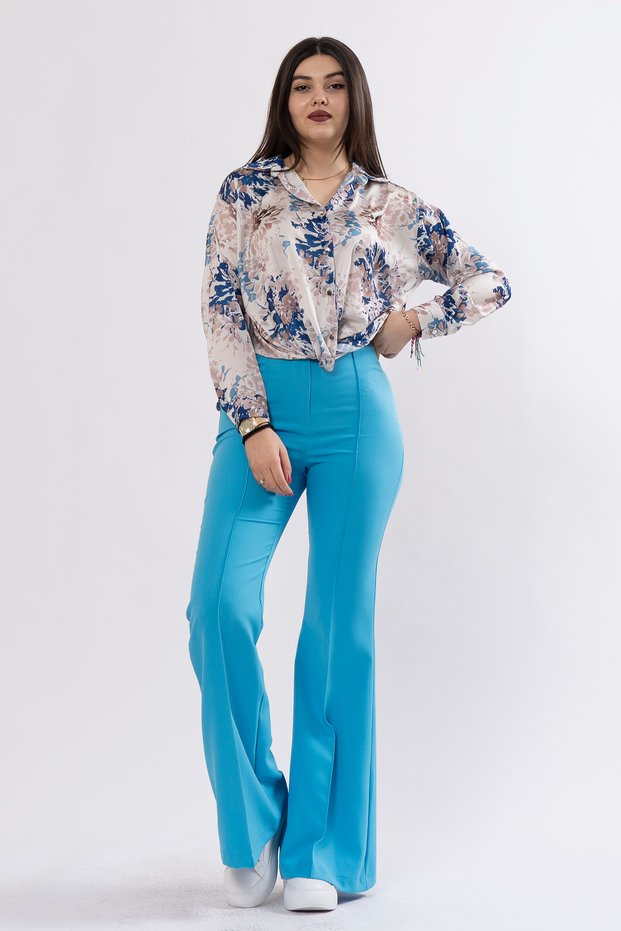 Women's Summer Blue Satin Blouse with Draped Hem and Tie-Detail 7954