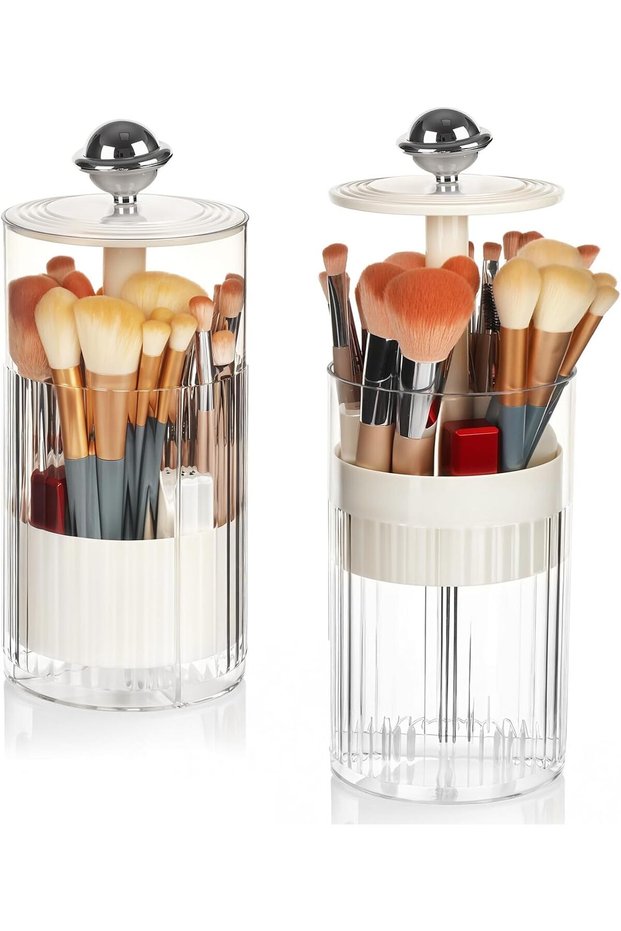 2 Pack Automatic Lifting Makeup Brush Holder Organizer with Lid – Clear 4-Compartment Dustproof & Wa