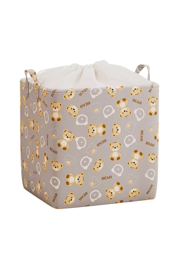 Grey Printed Bear Storage Basket With Drawstring Closure