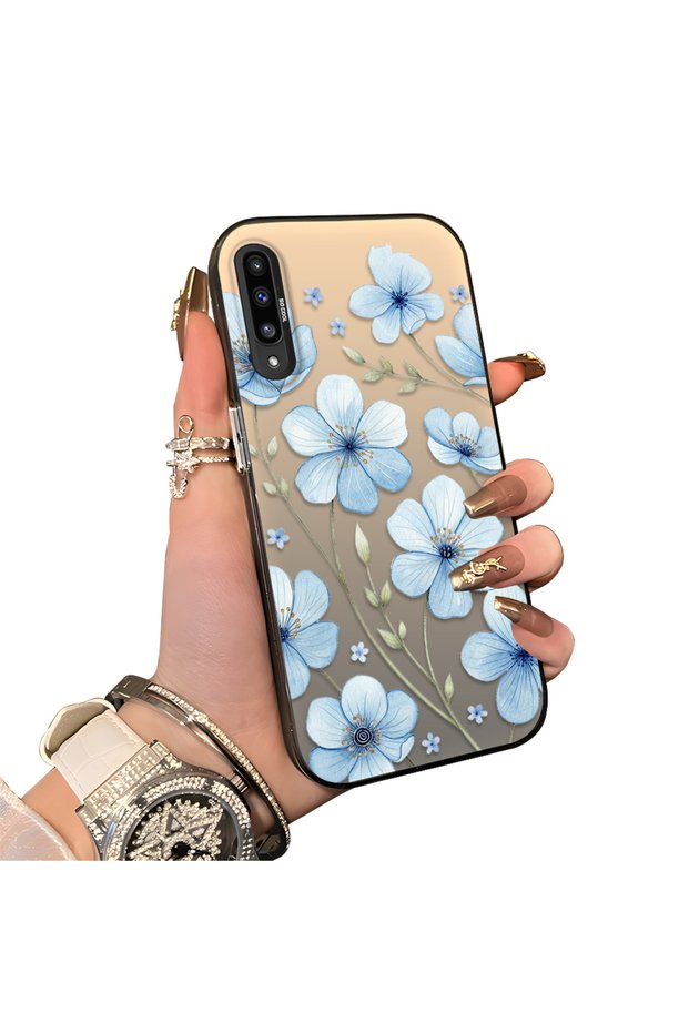Samsung Galaxy A50 Compatible Silicone Hard-Edge Back Case with Floral Print—Romantic Couple Phone Case