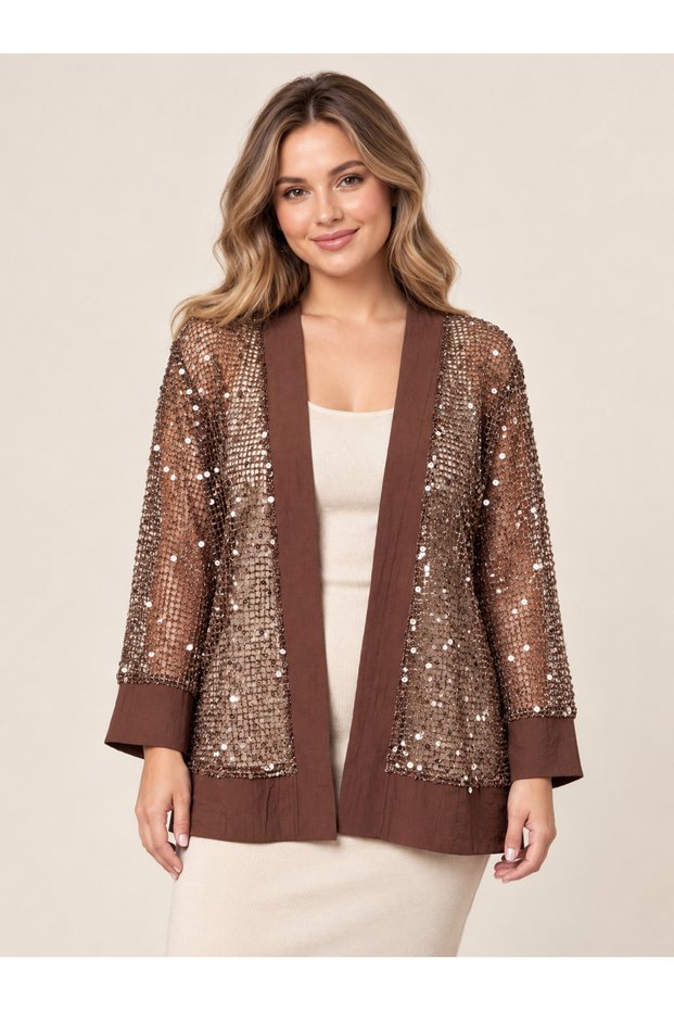 Elegant Women's Mesh and Sequin-Embellished Oversized Chic Evening Cardigan in Plus Sizes