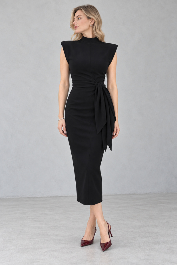 Women's Midi Dress with a Mock Neck and Tie-Detail