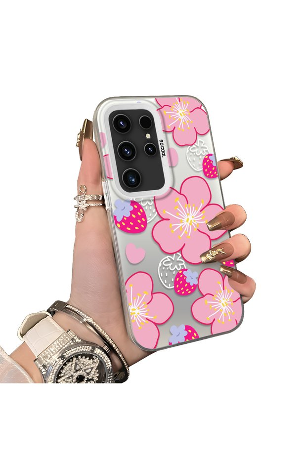 Samsung Galaxy S23 Ultra Compatible Silicone Edge-to-Edge Hard Back Case with Strawberry Pattern—Romantic Couple Phone Case