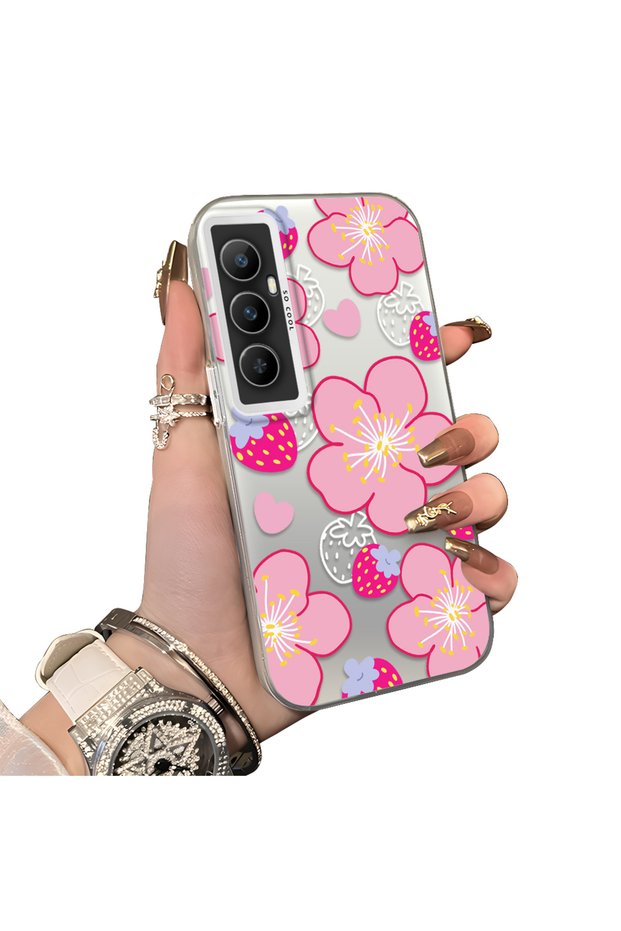 Realme C65 Compatible Silicone Hard-Edge Back Case with Strawberry Pattern—Romantic Couple Phone Case