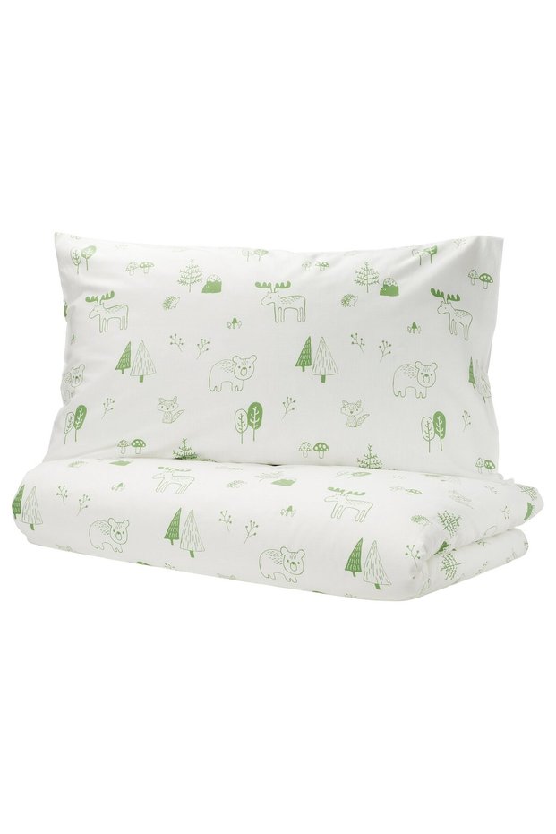 BARNDRÖM Duvet cover and pillowcase - white green/forest 150x200/50x80 cm
