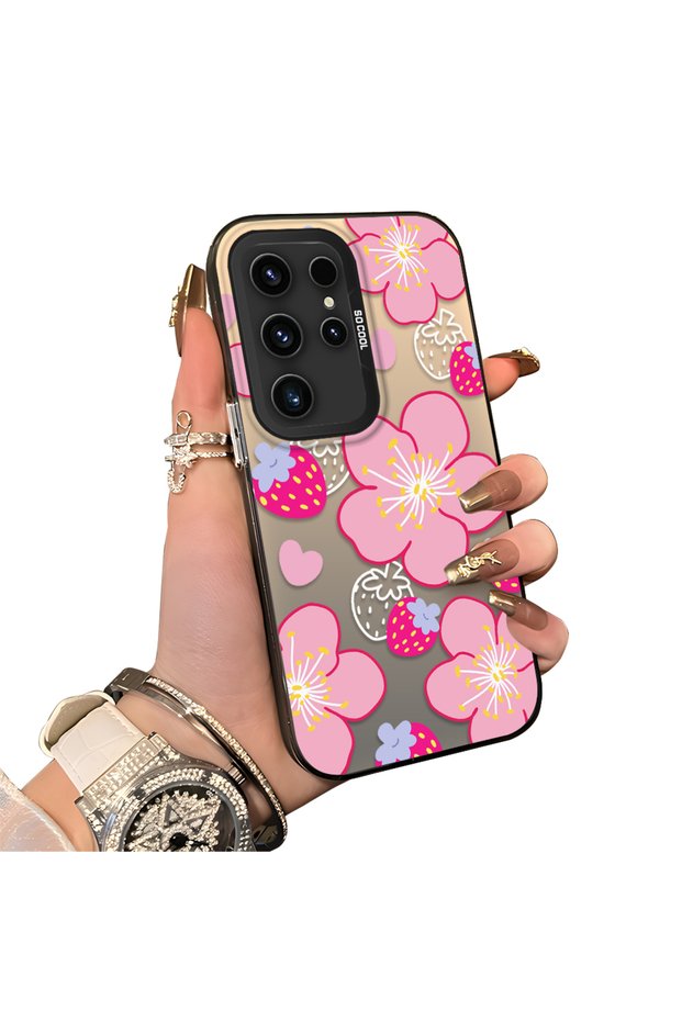 Samsung Galaxy S23 Ultra Compatible Silicone Edge-to-Edge Hard Back Case with Strawberry Pattern—Romantic Couple Phone Case