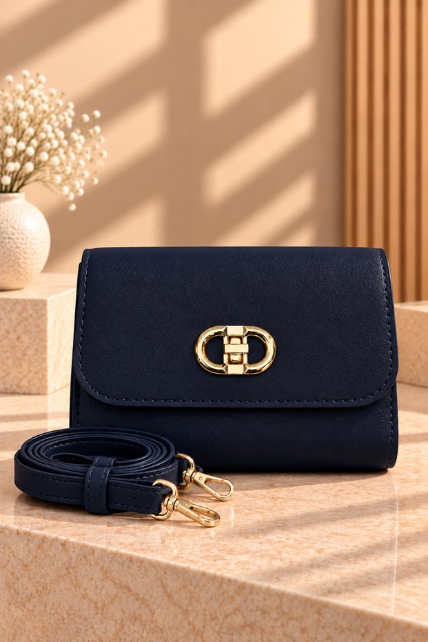 Gold Lock Crossbody Bag, Navy Blue.