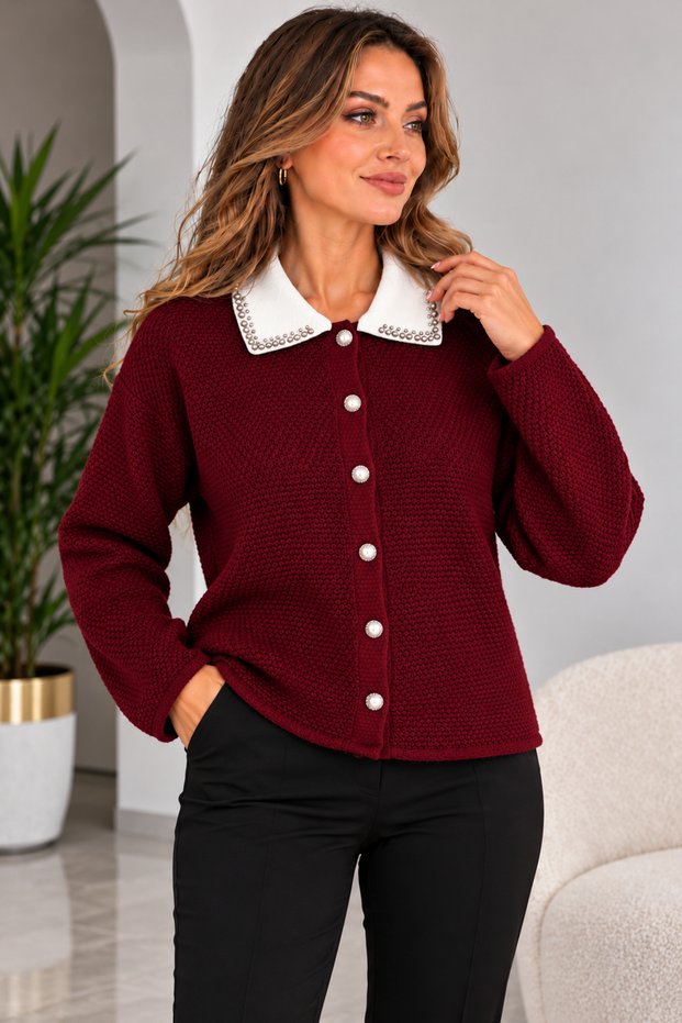 Women's Shirt Collar Sweater with Beaded Details