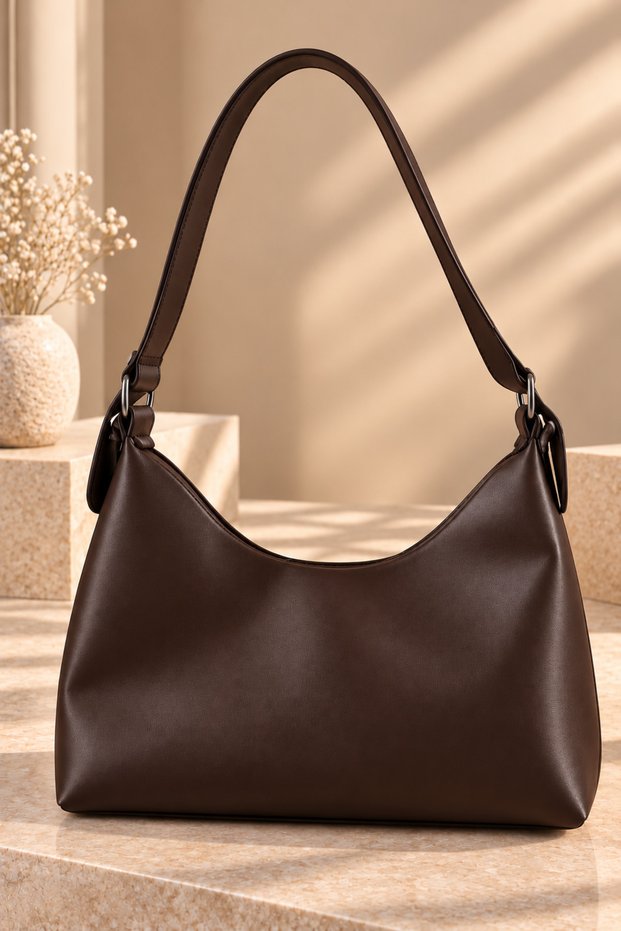 Coffee-Colored Baguette Hand and Shoulder Bag with a Belt Strap