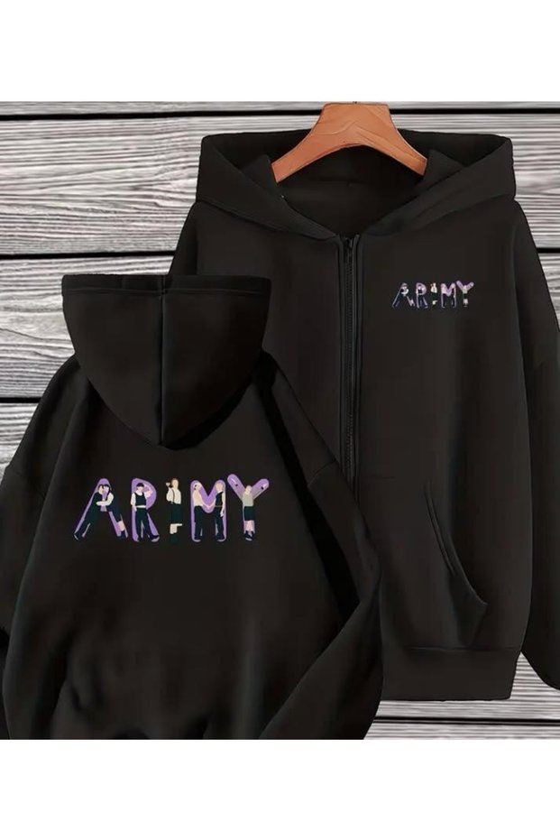 سترة BTS Army مطبوعة بثلاثة خيوط وسحاب، بقصة فضفاضة (أوفر سايز)