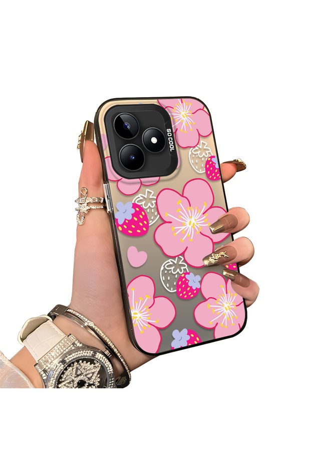 Realme Note 50 Compatible Silicone Hard-Edge Back Case with Strawberry Pattern—Cute Couple Phone Case