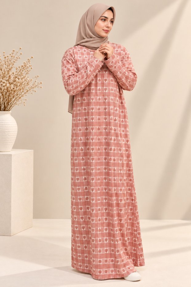 Dusty Pink Heart Print Modest Maxi Dress