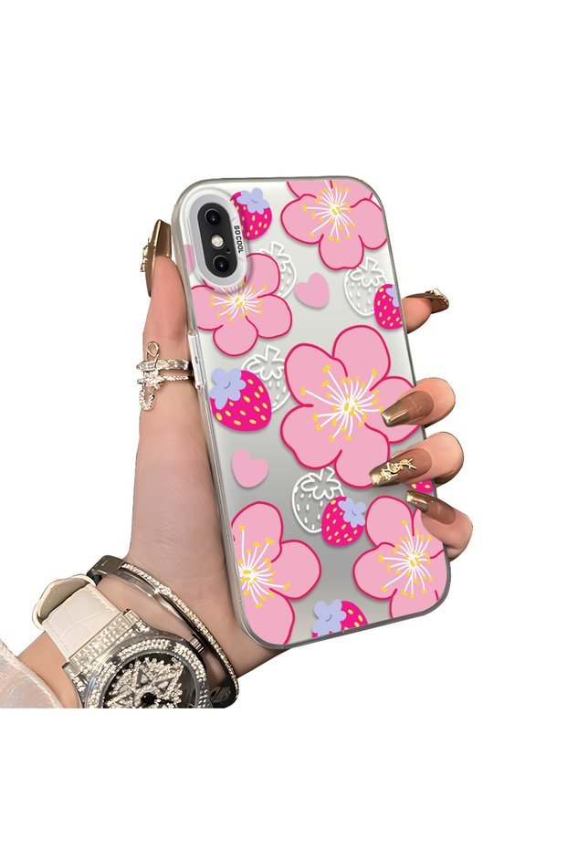 iPhone X-Compatible Silicone Hard-Edge Back Case with Strawberry Pattern—Romantic Couple Phone Case