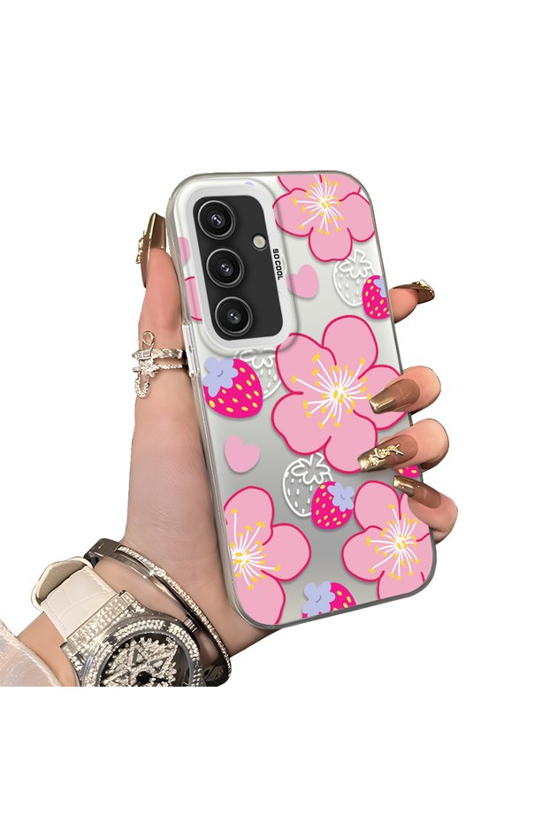 Samsung Galaxy S25 Compatible Silicone Hard-Edge Back Case with Strawberry Pattern—Romantic Couple Phone Case