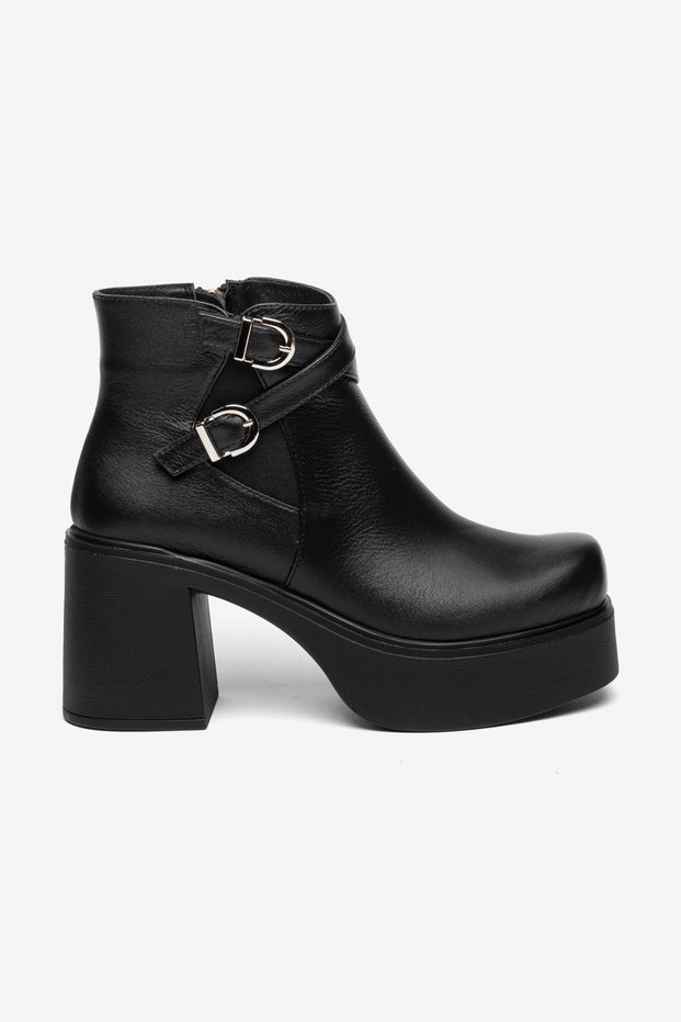 Women's Genuine Leather Platform Boots with Double Buckle Detail and Thick Heel
