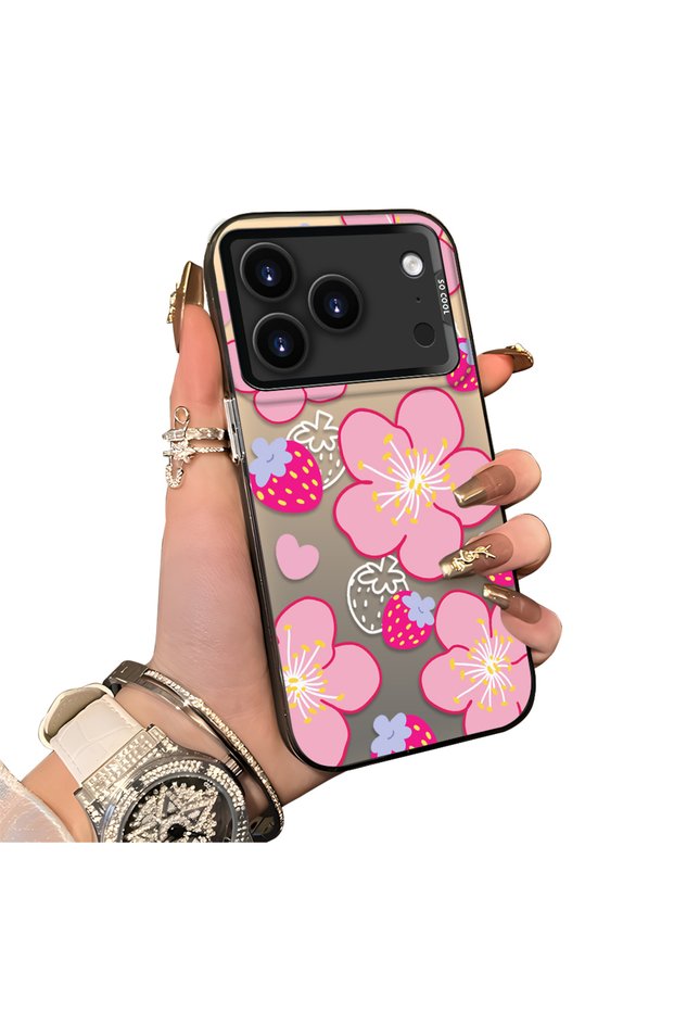 iPhone 18 Pro Compatible Silicone Edge-to-Edge Back Case with Strawberry Pattern—Couple's Phone Case