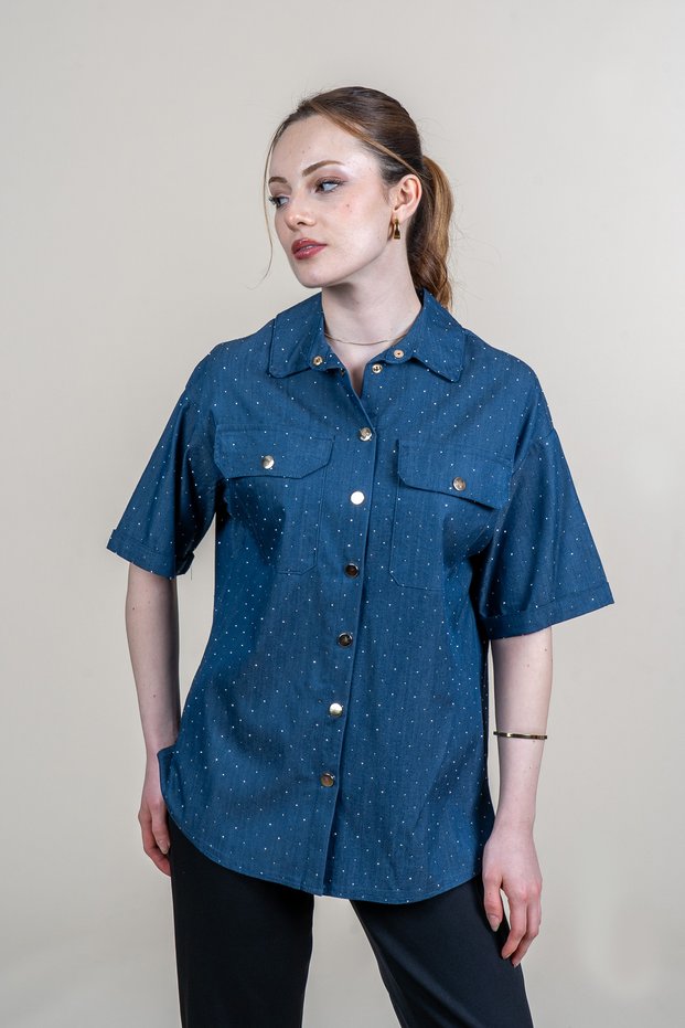 Women's Summer Light Blue Snap-Fastened Short-Sleeved Denim Stretch Shirt with Stone Embellishments and Tulle Details 70025