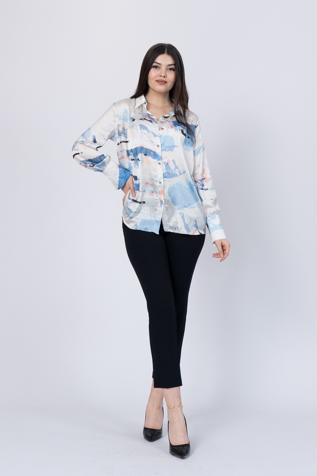 Women's Summer Blue Patterned Shirt with Wide Cuffs 70011