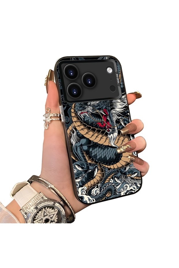 iPhone 18 Pro Compatible Silicone Edge-to-Edge Hard Back Case with Dragon Pattern—Couple's Phone Case