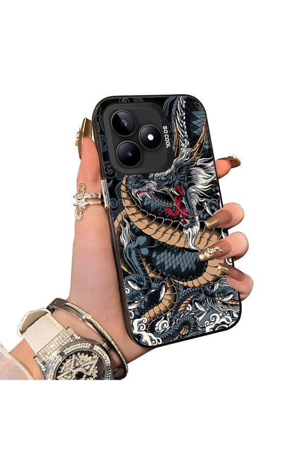 Realme Note 50 Compatible Silicone Hard-Edge Back Case with Dragon Pattern—Cute Couple Phone Case