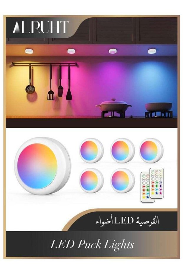 مجموعة من 6 مصابيح LED صغيرة تعمل بالبطارية مع جهاز تحكم عن بعد، إضاءة لاسلكية توضع أسفل الخزائن.