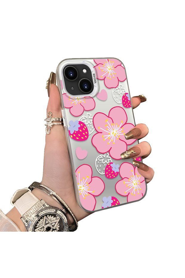iPhone 15 Plus Compatible Silicone Edge-to-Edge Back Case with Strawberry Pattern—Couple's Phone Case
