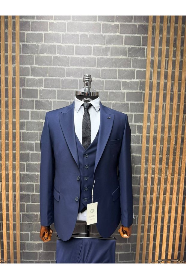 Classics Men's Slim Fit 6-Drop Pointed-Collar Vest Set Polyviscose Suit with Double Slits