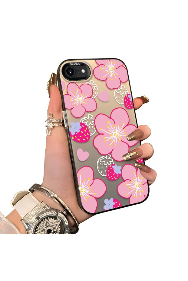 iPhone 8-Compatible Silicone Hard-Edge Back Case with Strawberry Pattern—Couple's Phone Case