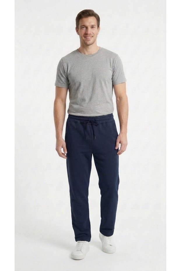 Men's Navy Blue Brushed Inside Three-Drawstring Basic Sweatpants