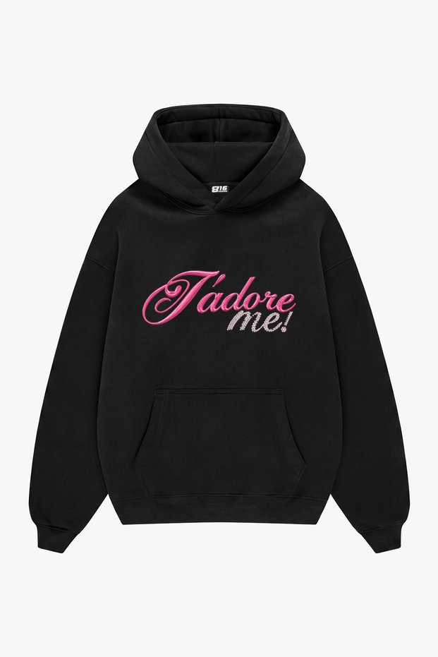 Adore Me Black Oversized Hoodie with Pink Text Print