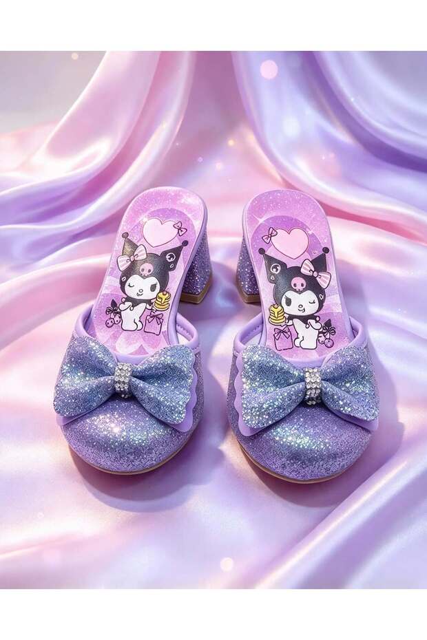 Purple chromie-printed girls' heeled slippers with a bow detail