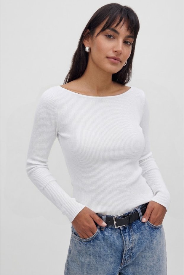 Women's White Long-Sleeved Boat Neck Blouse, Cotton Ribbed Knit with Corded Fabric