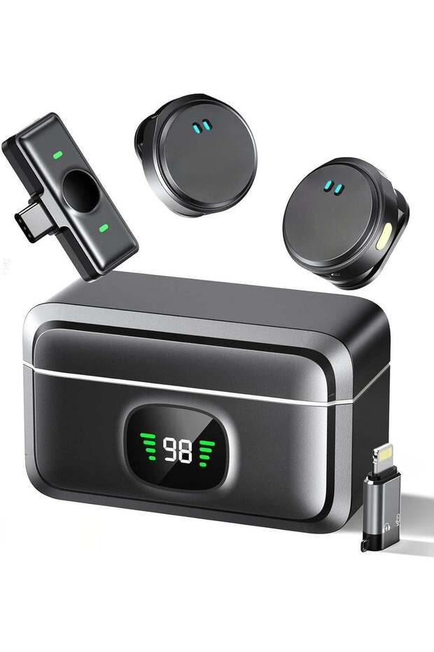 ميكروفون لاسلكي، ميكروفون صغير من نوع "لافاليير"، متوافق مع أجهزة iPhone/Android، مع منفذ USB-C (2 جهاز إرسال + 1 جهاز استقبال + تطبيق واحد).