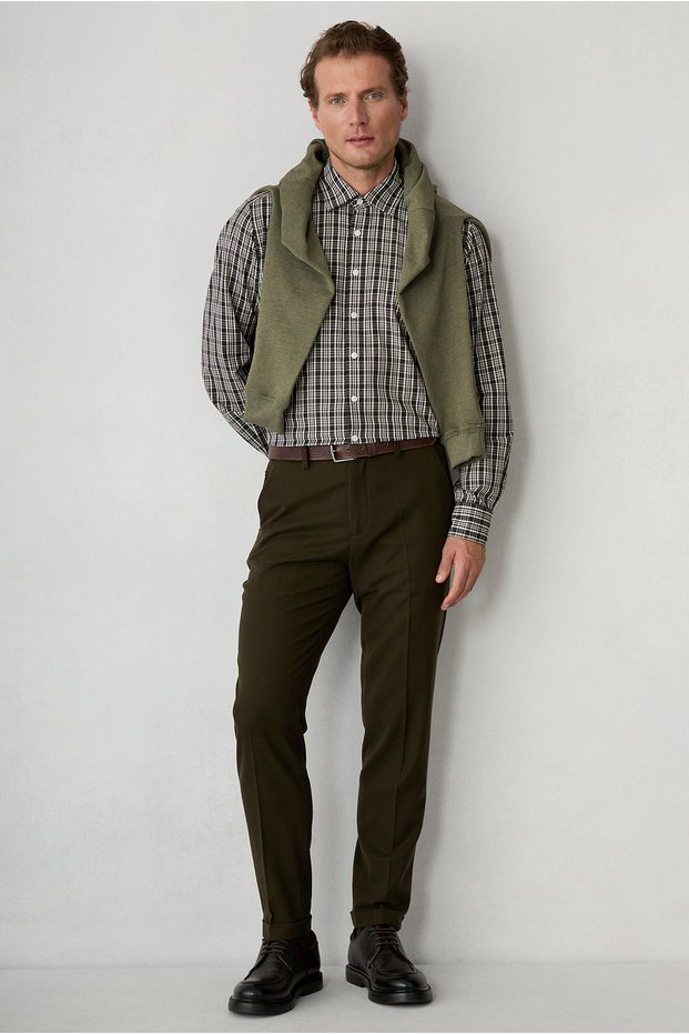 Straight Slim Fit Lyocell Wool Blend Canvas/Chino Pants with Side Zipper Pockets and Elastic Waistband