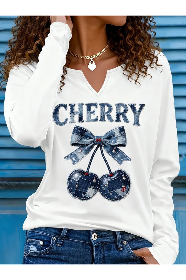 Printed Cotton-Stretch Fabric Half-V-Neck Long-Sleeve Blouse