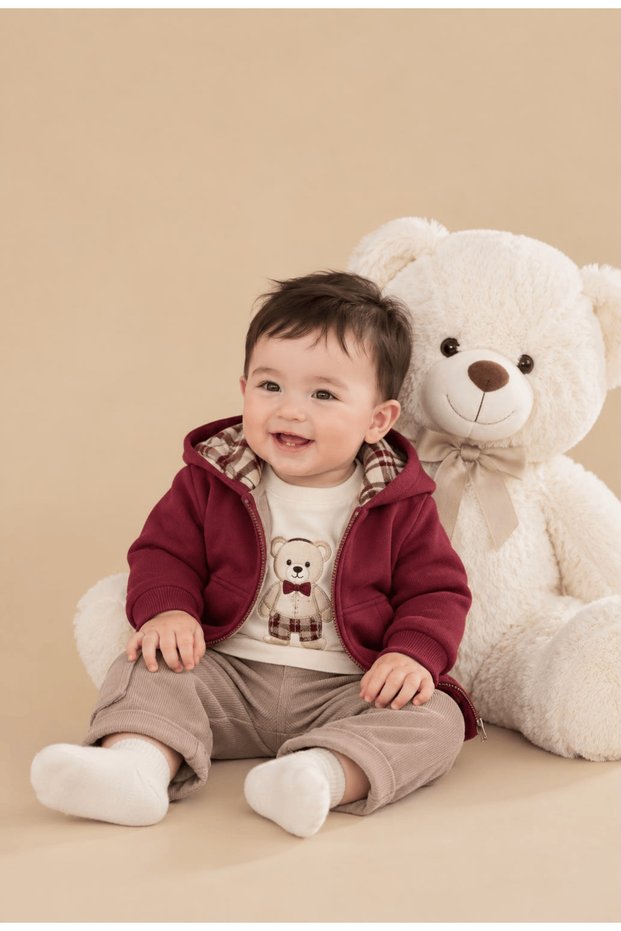 Boys' Burgundy Hooded Zipper 3-Piece Set