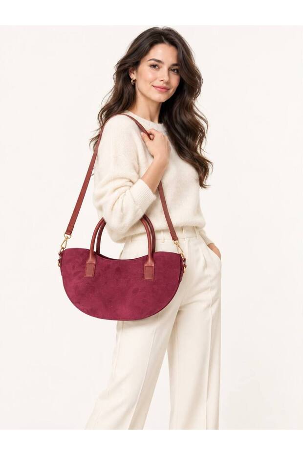 Women's Suede Half-Moon Shoulder Bag: Stylish Hand and Shoulder Bag with Boat-Shaped Shoulder Detail