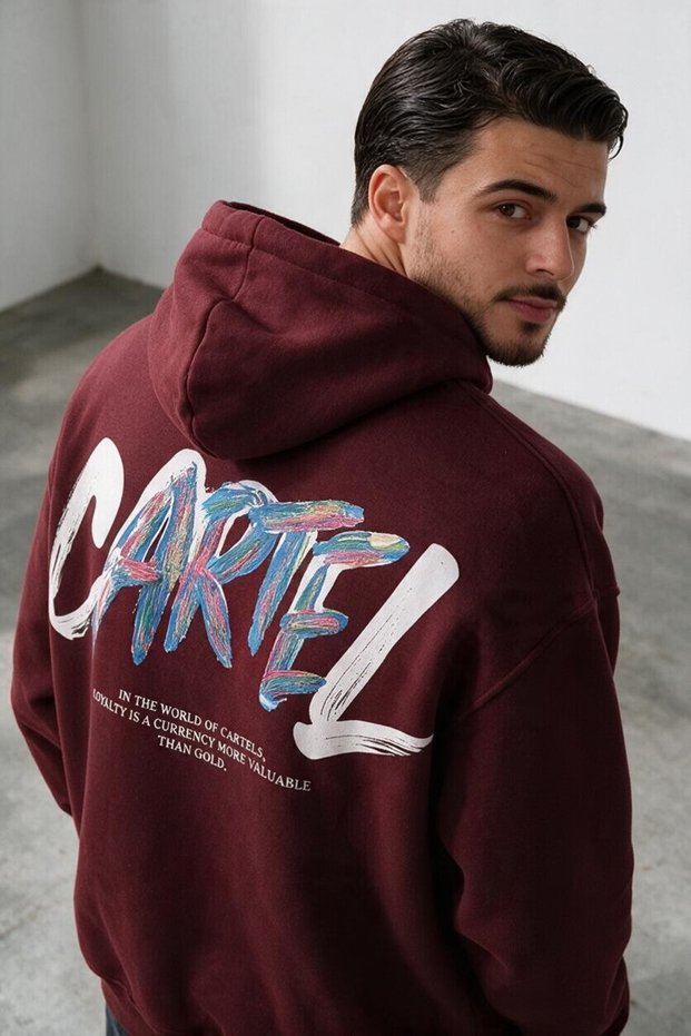 Men's Oversized Hooded Sweatshirt with Cartel Print, Kangaroo Pocket, Burgundy, 3-Ply Brushed Inside Lining