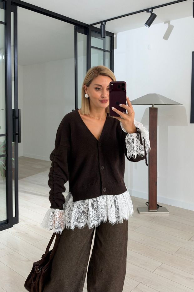 Lace-Detail Coffee-Colored Draped-Sleeve Cardigan